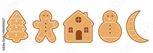 Christmas gingerbread cookie set: Christmas tree, gingerbread man, house, and snowman. Vector illustration.