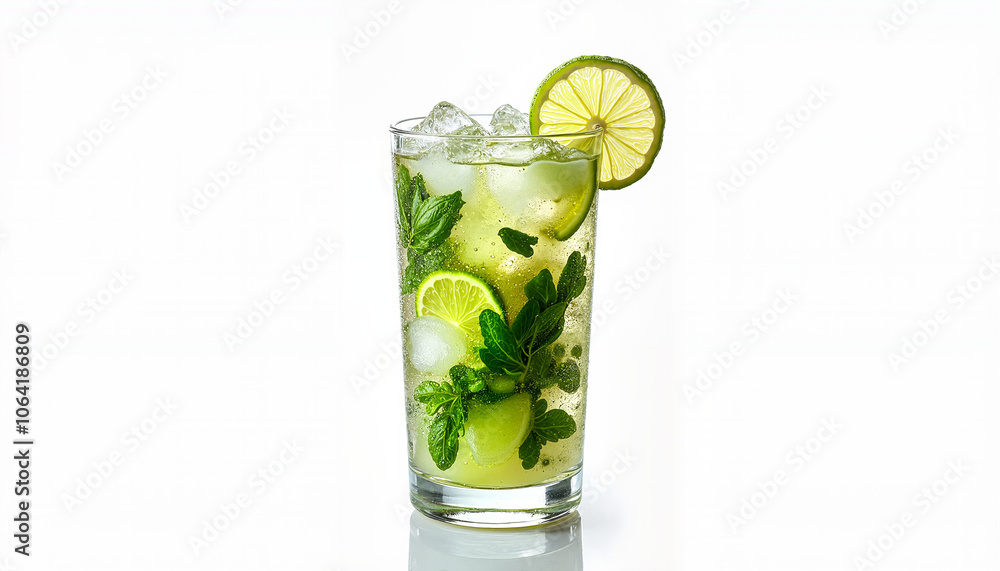 Refreshing mojito cocktail with lime and mint on white background Refreshing mojito cocktail with lime and mint on white background