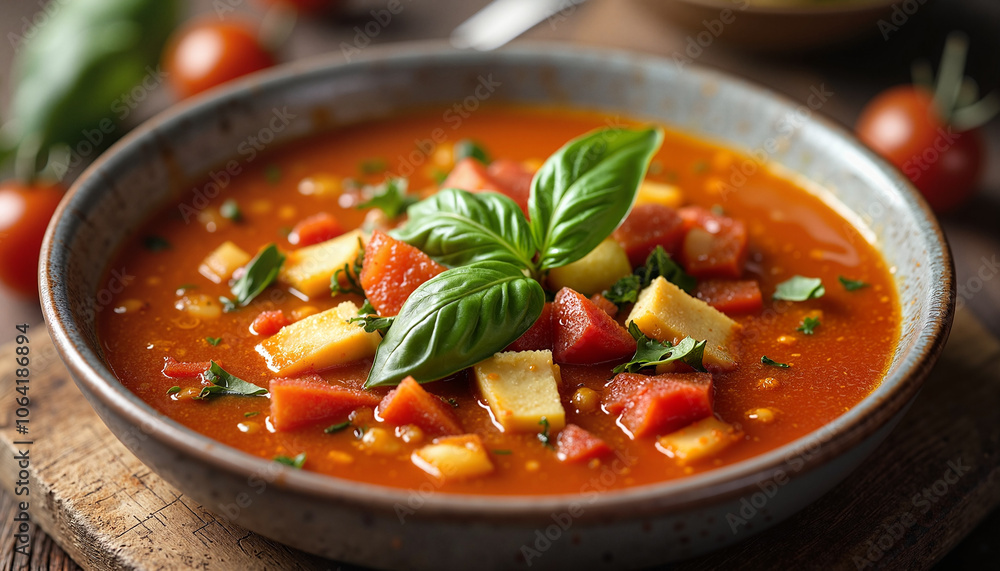 Homemade vegetable soup with basil in rustic bowl Homemade vegetable soup with basil in rustic bowl