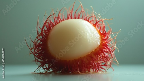 A small, red and white fruit with a fuzzy, hairy exterior photo