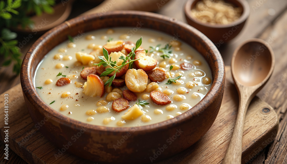 Creamy potato soup with sausage in rustic wooden bowl Creamy potato soup with sausage in rustic wooden bowl