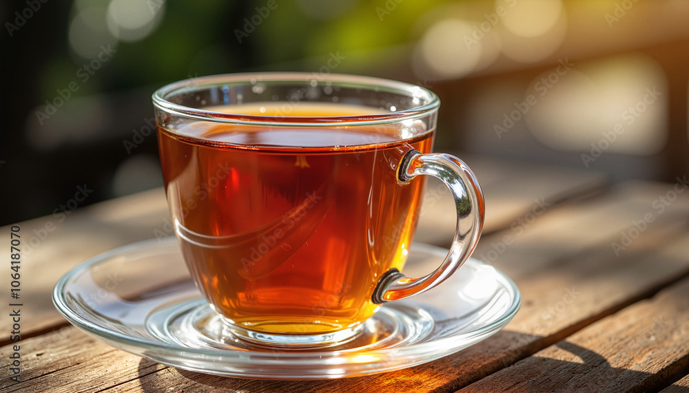 Glass cup of amber tea on wooden surface in sunlight Glass cup of amber tea on wooden surface in sunlight