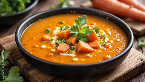 Creamy carrot soup with herb garnish in black bowl