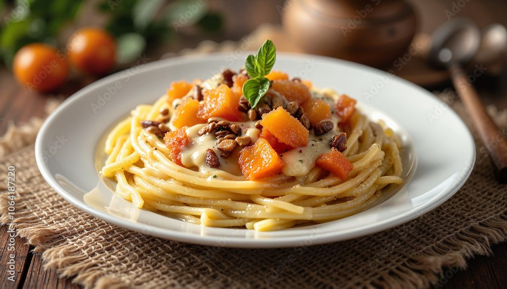 Spaghetti with butternut squash and pine nuts on white plate