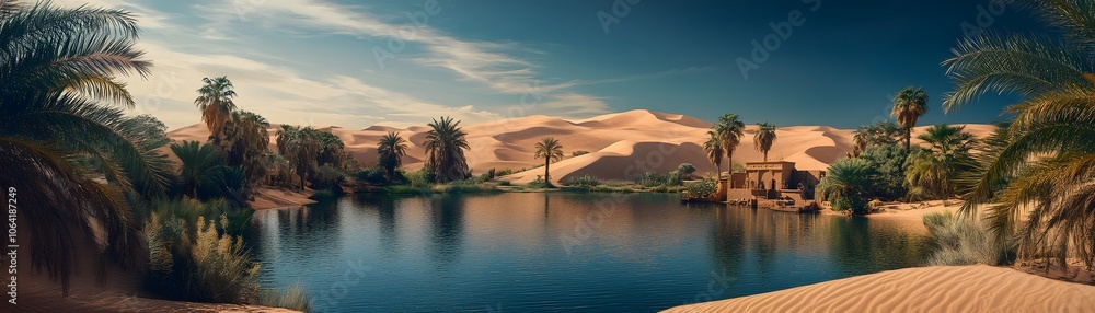 Oasis with Palm Trees and a Stone Building in a Sandy Desert Landscape Oasis with Palm Trees and a Stone Building in a Sandy Desert Landscape