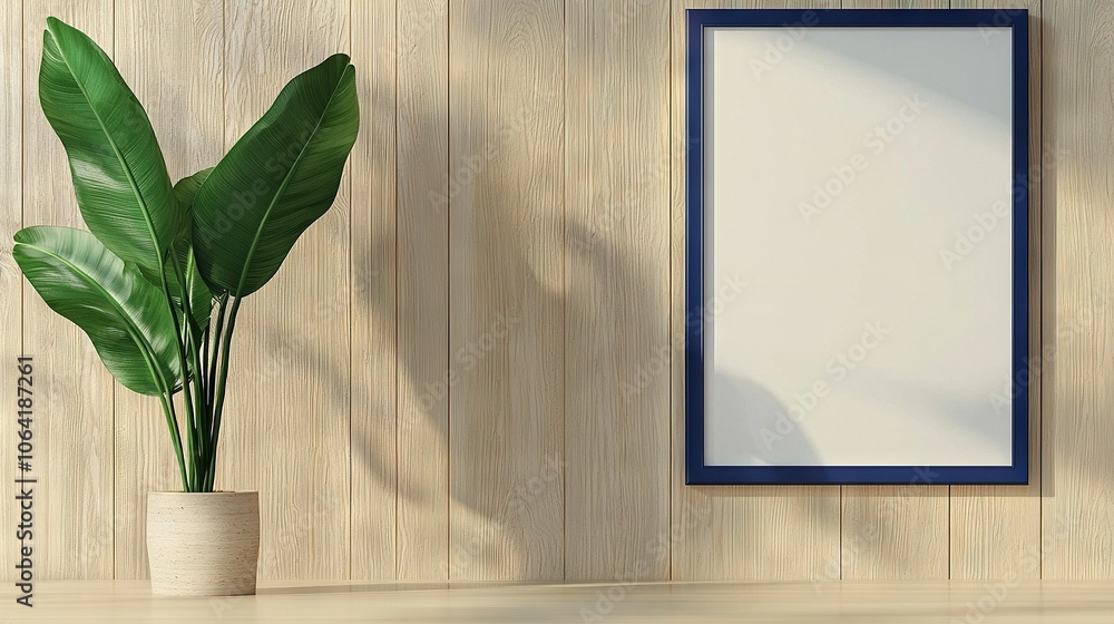 A potted plant positioned in front of a reflective surface on a wooden paneled wall A potted plant positioned in front of a reflective surface on a wooden paneled wall