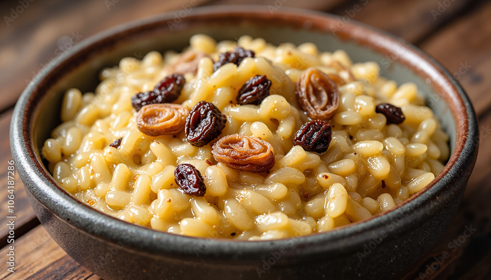 Creamy risotto with raisins in rustic bowl Creamy risotto with raisins in rustic bowl