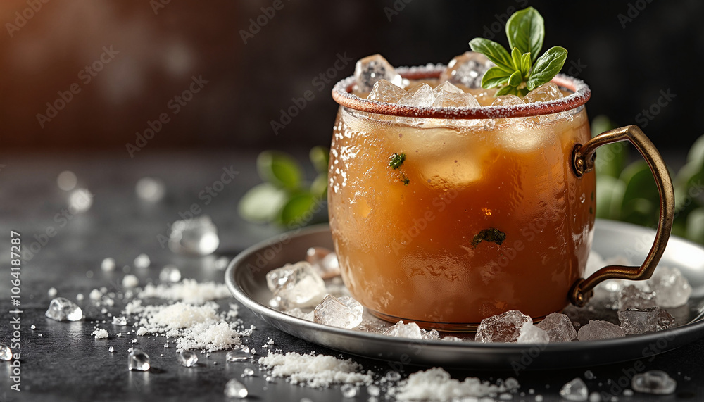 Iced cocktail with mint garnish in copper mug on dark background Iced cocktail with mint garnish in copper mug on dark background