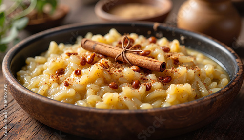 Creamy rice pudding with cinnamon in rustic bowl