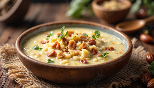 Creamy vegetable soup with nuts in rustic wooden bowl