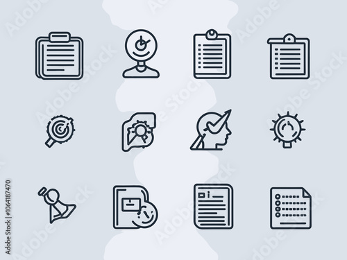 Assessment icon collection set. Containing education, evaluation, system, process, document, worker, data icon. Simple line vector.