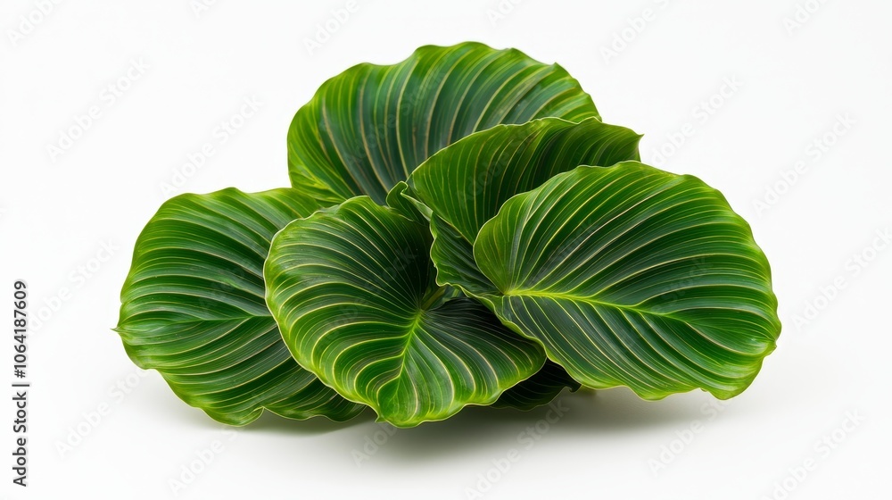 Fototapeta premium Vibrant green Calathea Orbifolia leaves arranged in an abstract fan shape, against a seamless white background, soft shadows