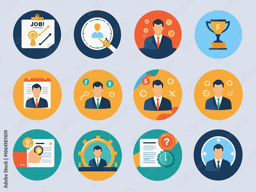 Succession planning icon collection set. Containing talent identification, skill assessment, performance evaluation, career path, job rotation, competence icon. Simple flat vector illustration. Succession planning icon collection set. Containing talent identification, skill assessment, performance evaluation, career path, job rotation, competence icon. Simple flat vector illustration.