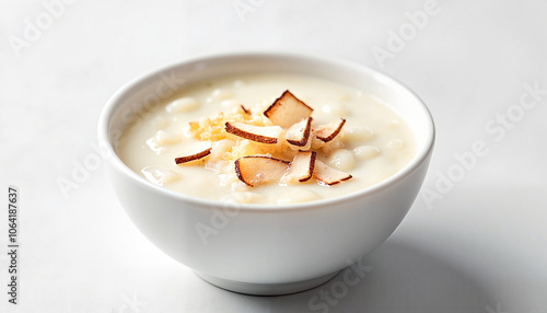 Creamy coconut pudding with toasted coconut flakes photo