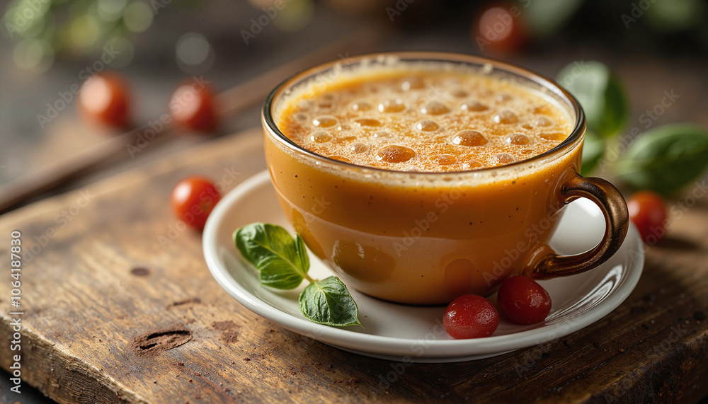Creamy tomato soup in rustic setting with fresh ingredients Creamy tomato soup in rustic setting with fresh ingredients
