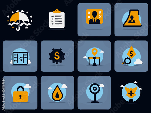 Risk management icon collection set. Containing risk, insurance, process, project, warning, protection, safety icon. Simple flat vector.