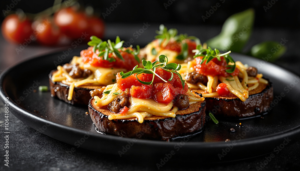 Fototapeta premium Delicious eggplant bruschetta with cheese and tomatoes