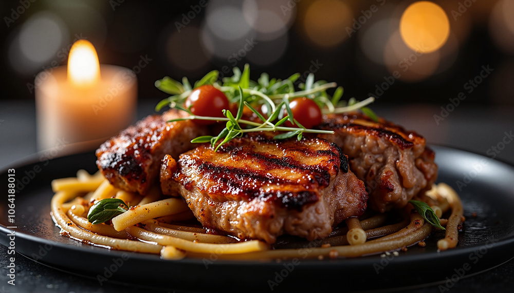 Grilled steak with pasta and herbs on dark plate Grilled steak with pasta and herbs on dark plate