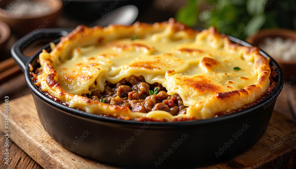 Delicious shepherd's pie served in black cast iron dish with rustic wooden background Delicious shepherd's pie served in black cast iron dish with rustic wooden background