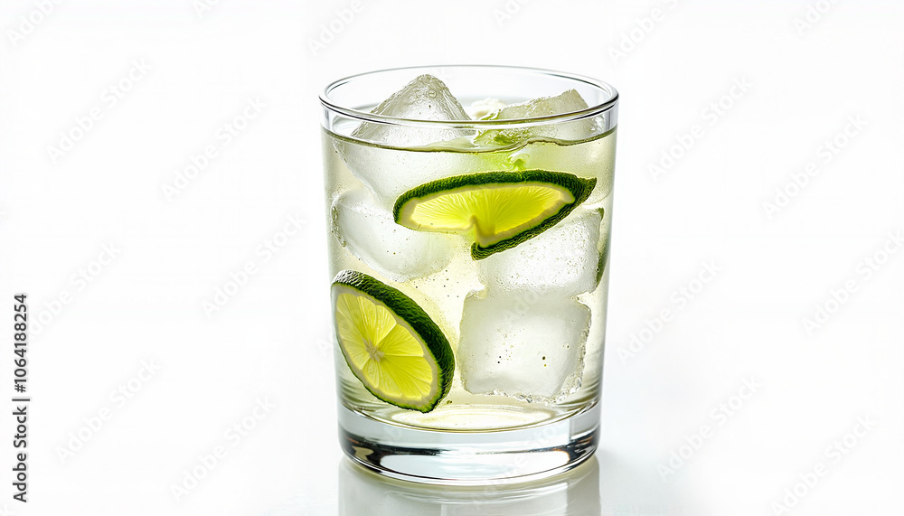 Refreshing gin and tonic cocktail with lime slices and ice Refreshing gin and tonic cocktail with lime slices and ice