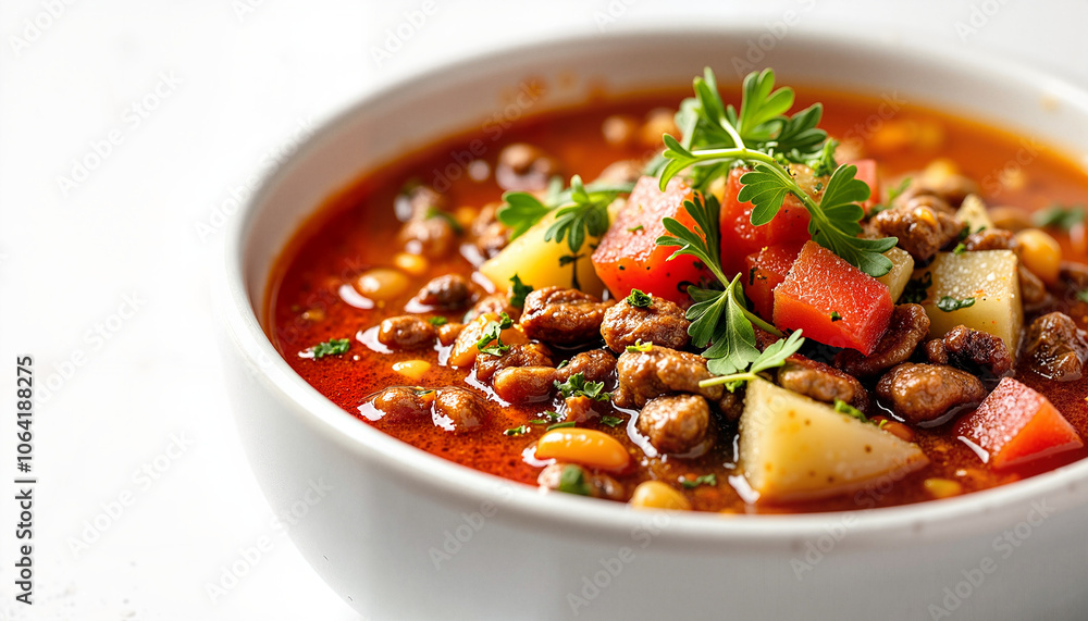 Hearty bean soup with vegetables in white bowl Hearty bean soup with vegetables in white bowl