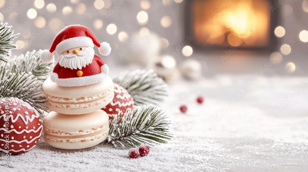 Santa Claus macarons with a 3D design, nestled among Christmas stockings and snow-dusted pine branches, cozy winter scene, warm fireplace glow in the background Santa Claus macarons with a 3D design, nestled among Christmas stockings and snow-dusted pine branches, cozy winter scene, warm fireplace glow in the background