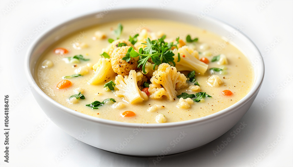 Creamy vegetable soup with cauliflower and herbs in white bowl Creamy vegetable soup with cauliflower and herbs in white bowl