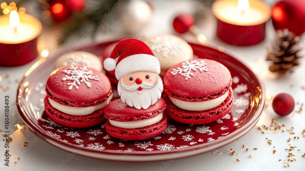 Santa Claus macarons on a plate, detailed festive setting, warm candlelit glow, isolated on white background Santa Claus macarons on a plate, detailed festive setting, warm candlelit glow, isolated on white background
