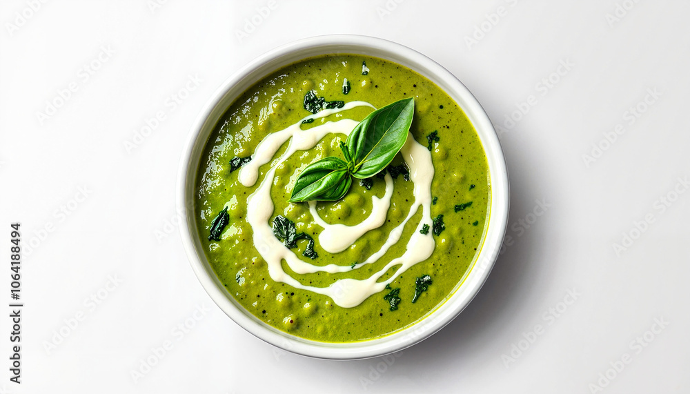 Obraz premium Green vegetable soup with cream swirl and basil leaf