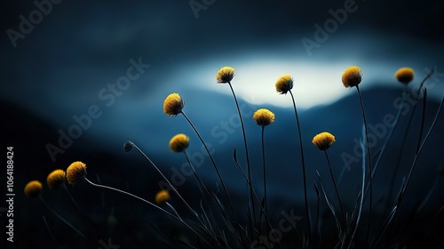  Yellow flowers atop green grass, near dark blue sky