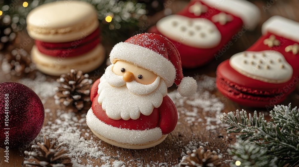 Santa Claus macarons with a 3D design, nestled among Christmas stockings and snow-dusted pine branches, cozy winter scene, warm fireplace glow in the background Santa Claus macarons with a 3D design, nestled among Christmas stockings and snow-dusted pine branches, cozy winter scene, warm fireplace glow in the background