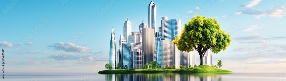 A futuristic city skyline rises majestically against a clear blue sky, mirrored in a calm lake, with a solitary tree adding natural beauty. A futuristic city skyline rises majestically against a clear blue sky, mirrored in a calm lake, with a solitary tree adding natural beauty.