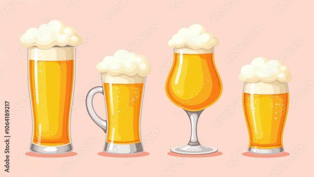 Beer cup clipart with frothy tops in a mug, pint, and glass, on a soft pink background for a festive look Beer cup clipart with frothy tops in a mug, pint, and glass, on a soft pink background for a festive look