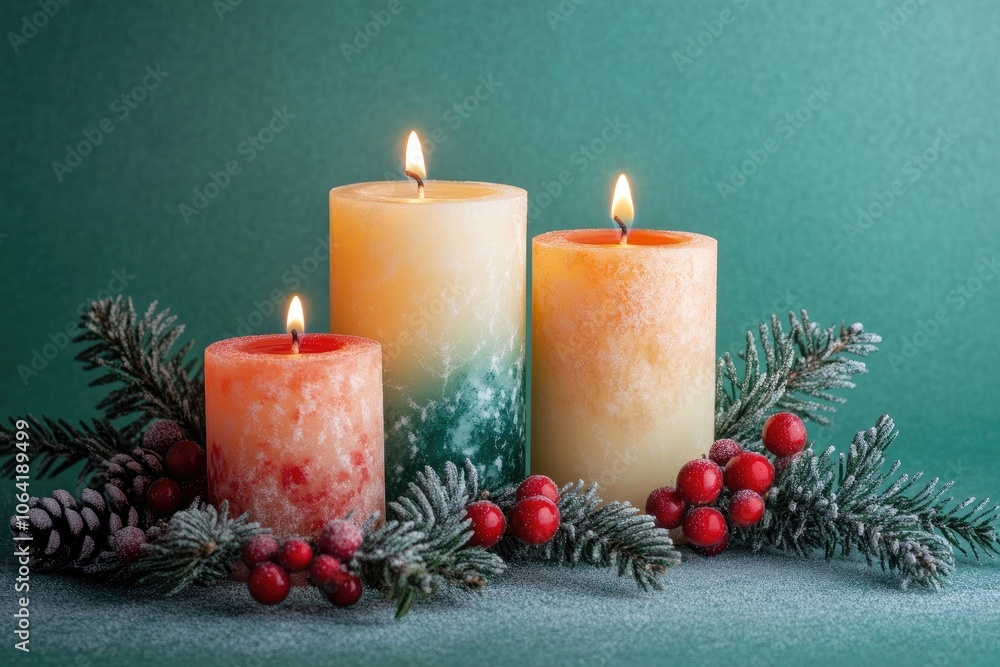 Three Burning Candles Decorated with Frosted Pine Branches and Red Berries Three Burning Candles Decorated with Frosted Pine Branches and Red Berries