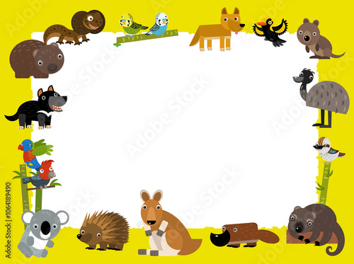 cartoon scene with frame border template with australian animals like kangaroo koala dingo tasmanian devil emu duck platypus parrot birds and other with space for text illustration for children photo