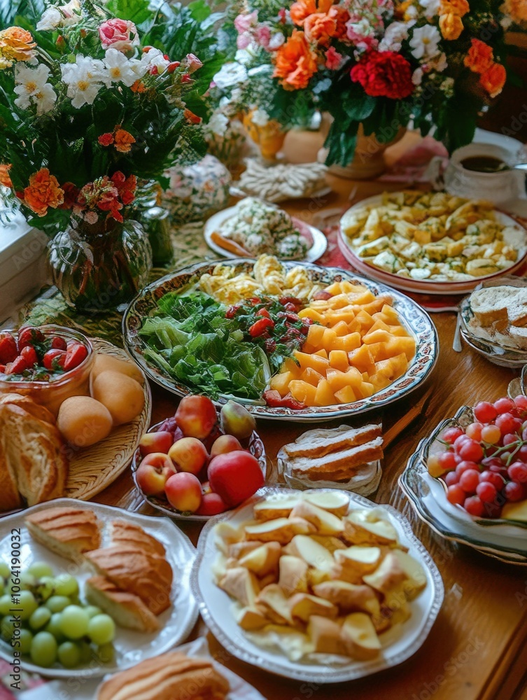 Festive Table Laden with Fresh Fruits and Vegetables Festive Table Laden with Fresh Fruits and Vegetables
