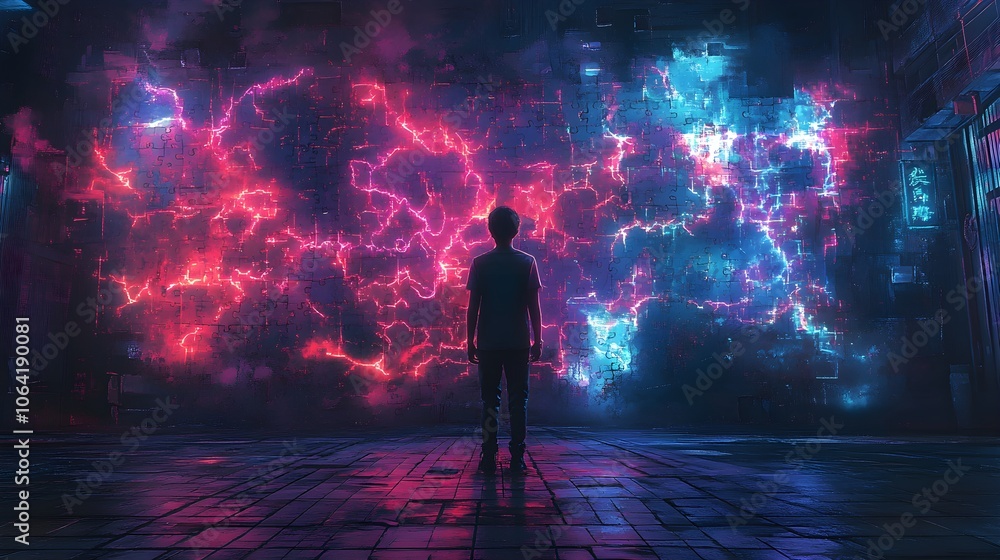 Portrait of a young man facing complex neural pathways, puzzle pieces dissolving into the air, blue and purple neon light, Cyberpunk, Illustration Portrait of a young man facing complex neural pathways, puzzle pieces dissolving into the air, blue and purple neon light, Cyberpunk, Illustration