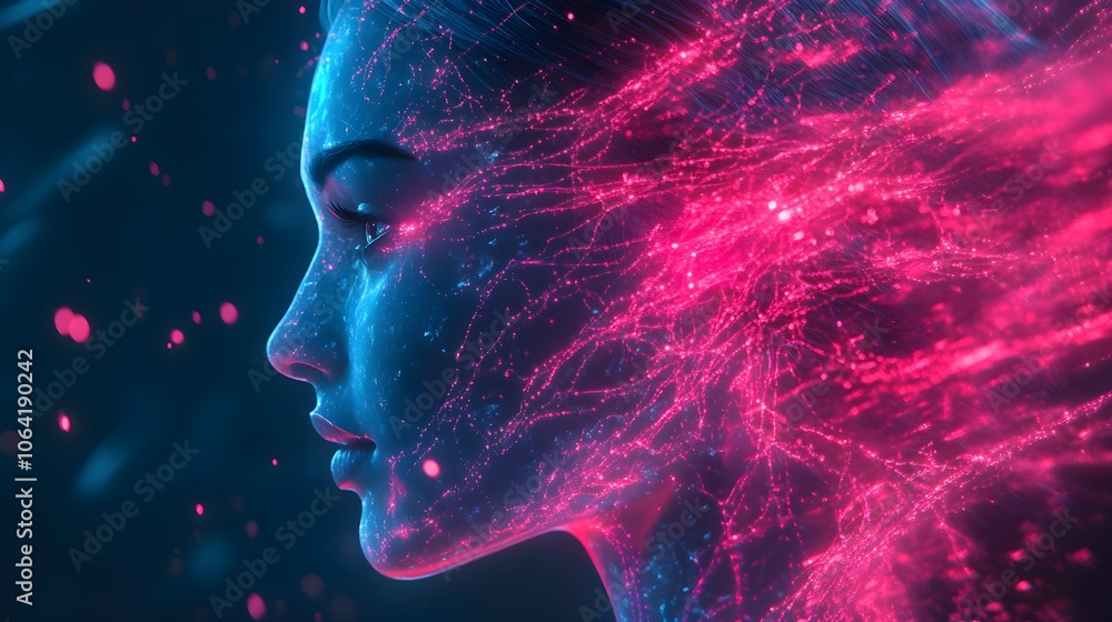 Profile of a human head with glowing, branching neural pathways, symbolizing AI, data, and connectivity, digital painting, vibrant blue and pink, sharp futuristic edges Profile of a human head with glowing, branching neural pathways, symbolizing AI, data, and connectivity, digital painting, vibrant blue and pink, sharp futuristic edges