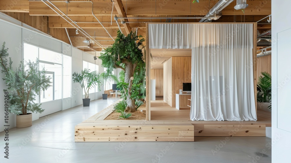 Modern Office Interior with Wooden Platform and Green Plants Modern Office Interior with Wooden Platform and Green Plants