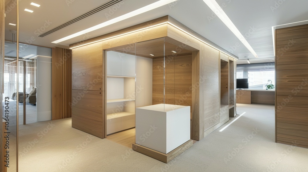 Modern Office Interior with Wooden Walls and Glass Partition Modern Office Interior with Wooden Walls and Glass Partition
