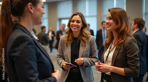 Networking Businesswomen Smiling and Talking at Professional Conference