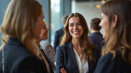 Networking Businesswomen Smiling and Talking at Professional Conference