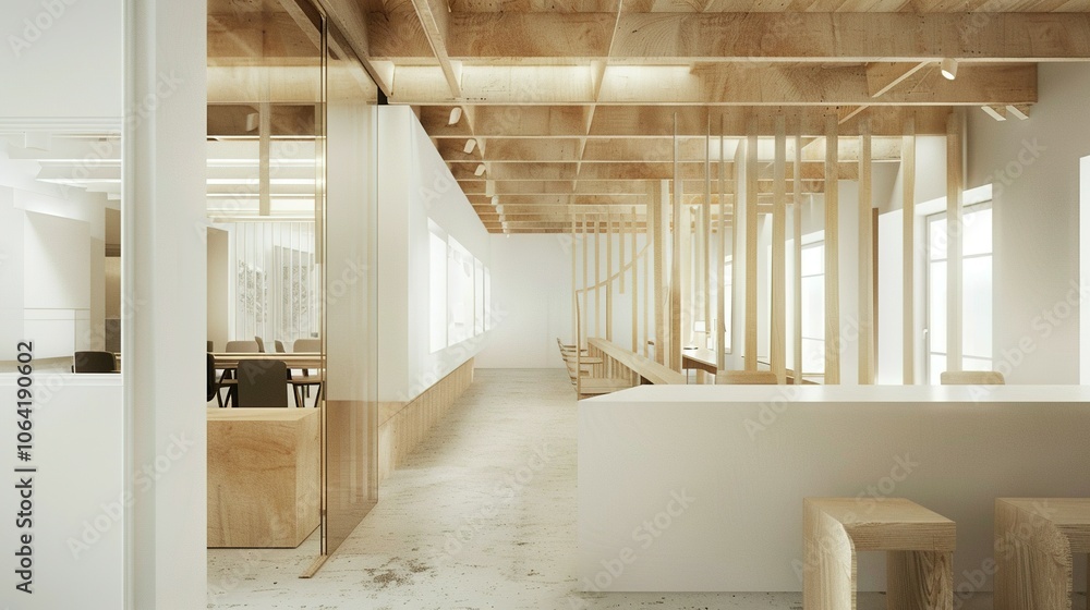 Fototapeta premium Modern Minimalist Interior Design with Wooden Beams and Accents