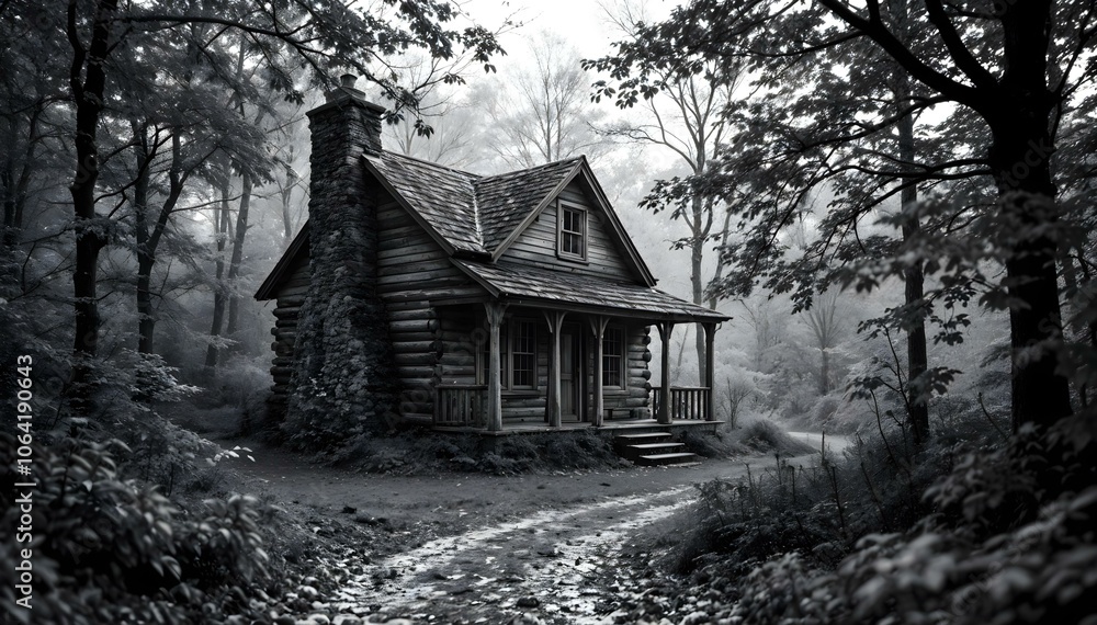 Old historic cabin with a rock fireplace and front porch nestled in a forest during autumn in a creepy black and white hue. Old historic cabin with a rock fireplace and front porch nestled in a forest during autumn in a creepy black and white hue.