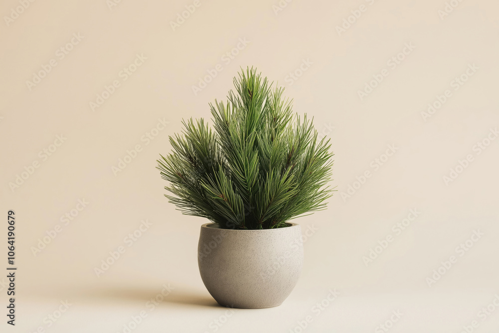 Coniferous plant with bright green branches in a clay vase on a beige background Coniferous plant with bright green branches in a clay vase on a beige background