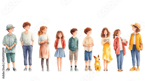 Friends Standing Together, Smiling and Looking Up, in a Watercolor Illustration, Against a White Background