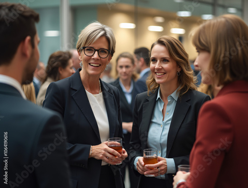 Networking Businesswomen Smiling and Talking at Professional Conference photo