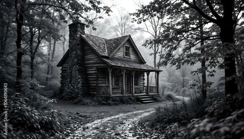 Old historic cabin with a rock fireplace and front porch nestled in a forest during autumn in a creepy black and white hue.