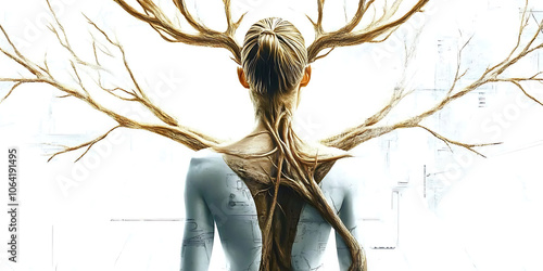 The Woman of the Woods: A woman with antlers and branches growing from her body, a surreal and evocative image of nature's power and human connection to the earth. 
