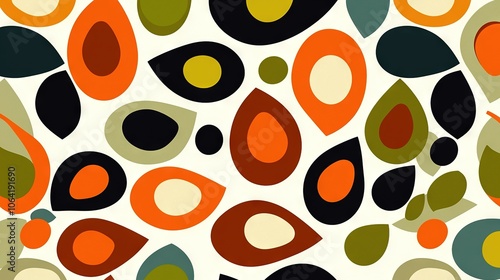  A multi-colored leaf and circle pattern on a white background featuring oranges, greens, and browns